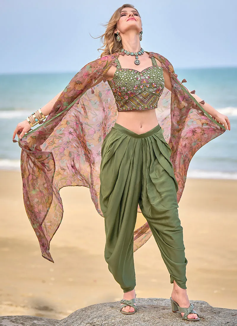 Sage Green Multi Embroidered Cape Style Co-Ord Dhoti Set