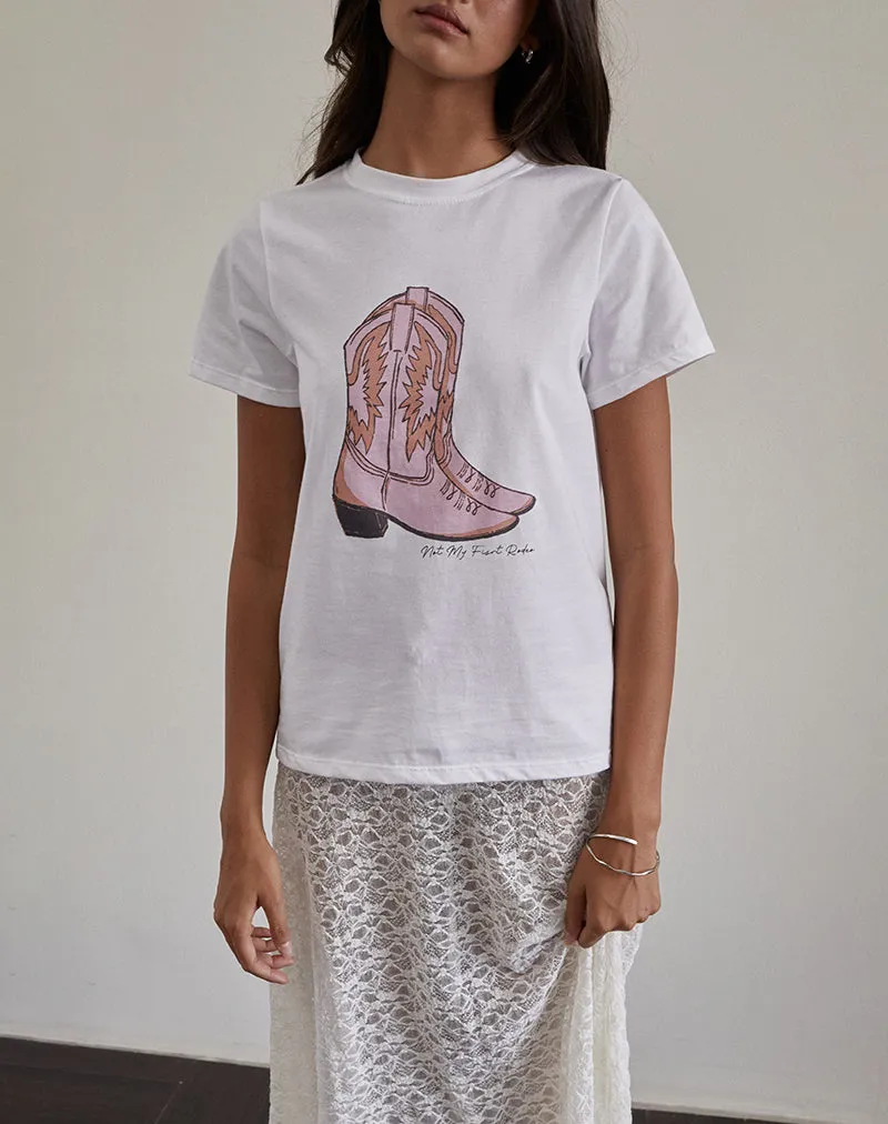 Saki Tee in White with Pink Cowboy Boot Print