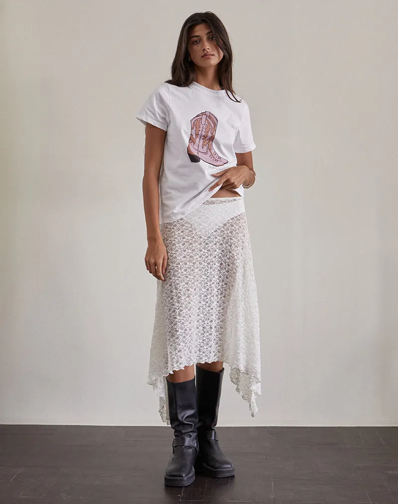 Saki Tee in White with Pink Cowboy Boot Print