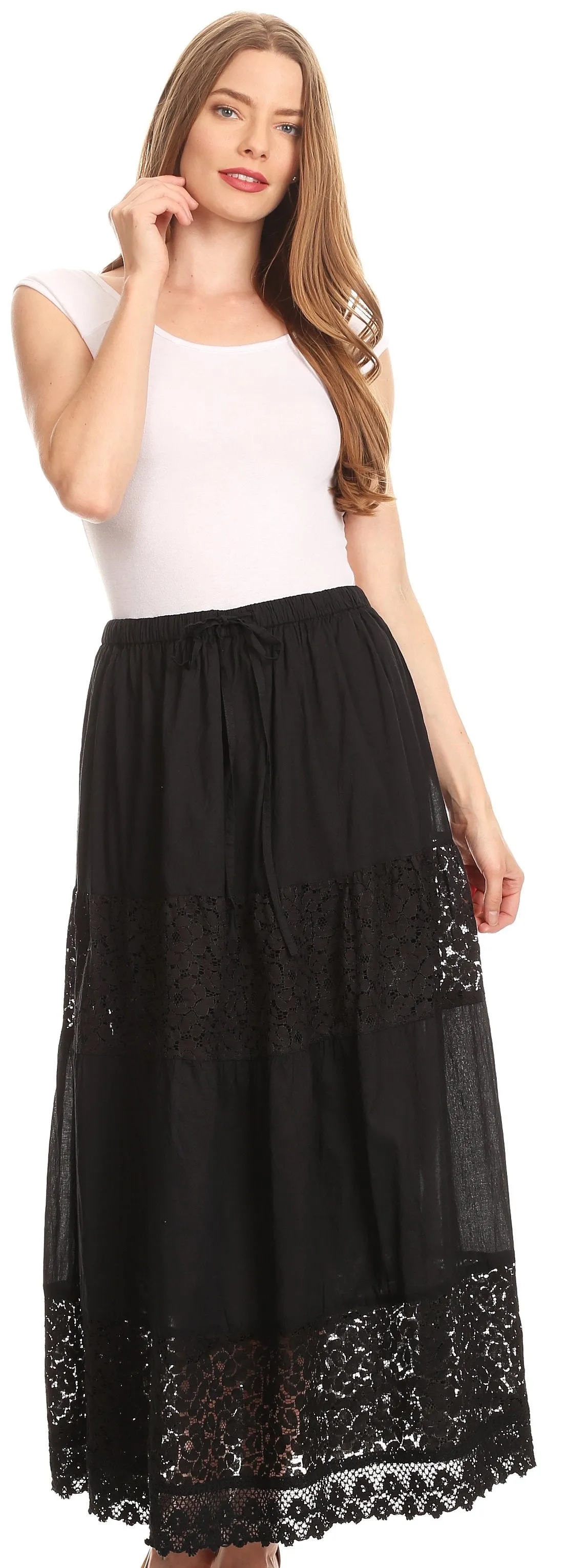 Sakkas Franchesca Boho Lace Skirt with Elastic Waistband