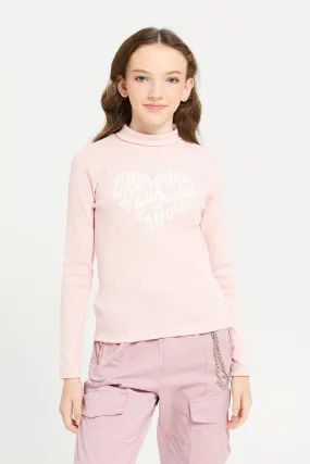 Senior Girls Pink Chest Print Turtle Neck Top