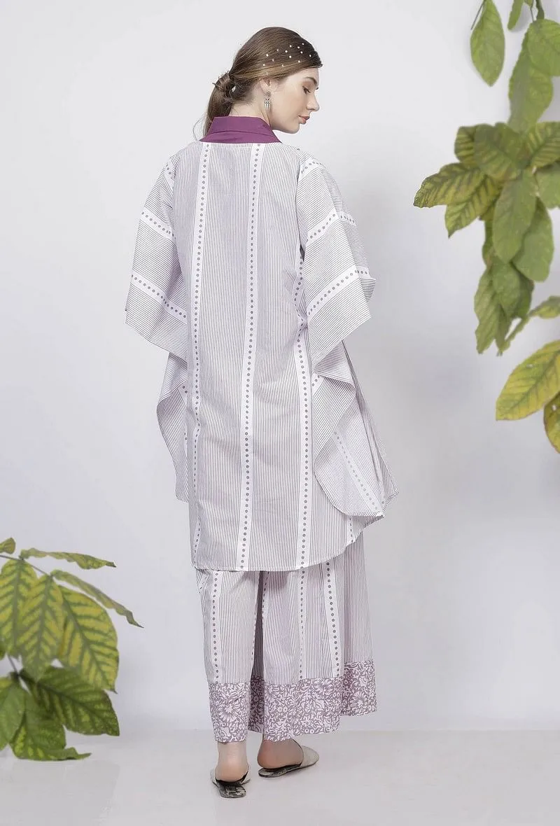 Set of 2: Lilac Hand-Block Printed Kaftan Styled Cotton Cape and Stripes Handblock Printed Flared Palazzo