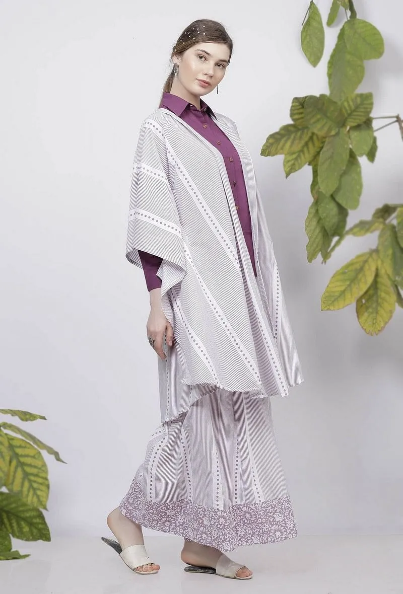 Set of 2: Lilac Hand-Block Printed Kaftan Styled Cotton Cape and Stripes Handblock Printed Flared Palazzo