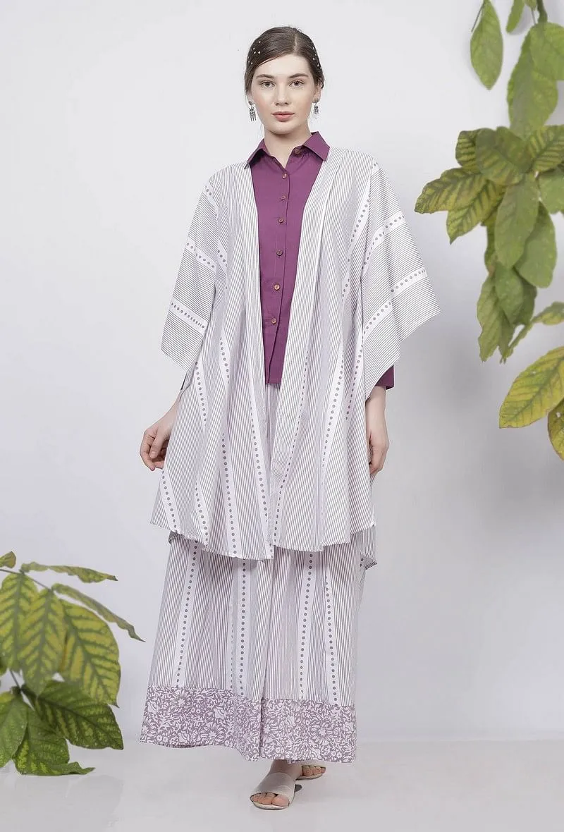 Set of 2: Lilac Hand-Block Printed Kaftan Styled Cotton Cape and Stripes Handblock Printed Flared Palazzo