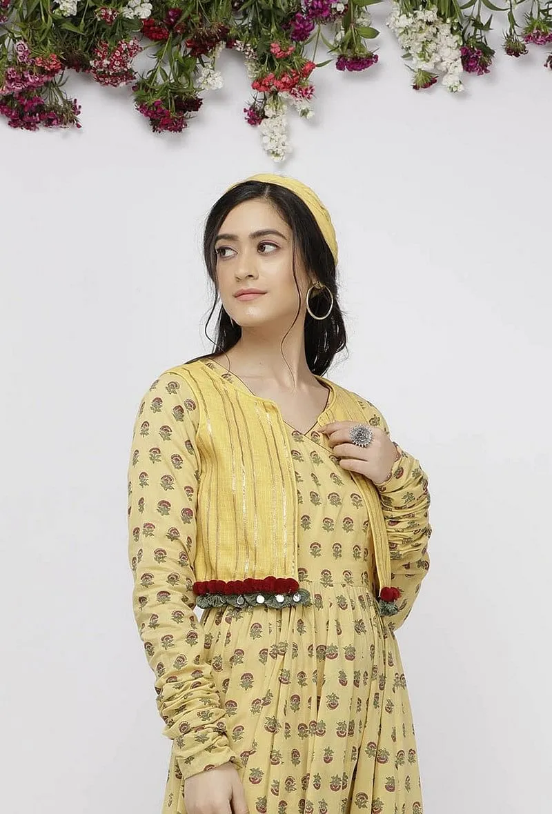 Set of 2 : Yellow Gathered Cotton Hand-Block Printed Kurta and Kota  Boho Cape