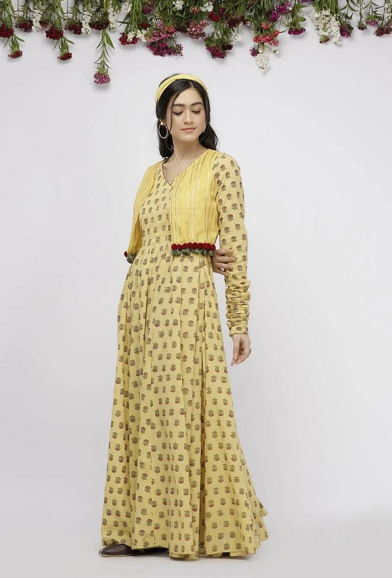 Set of 2 : Yellow Gathered Cotton Hand-Block Printed Kurta and Kota  Boho Cape