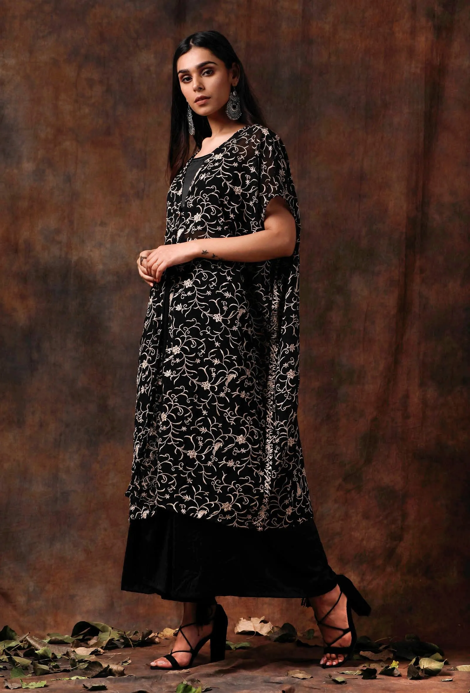 Set of 3 : Balck Parsi Cape Black Blouse and Pallazo