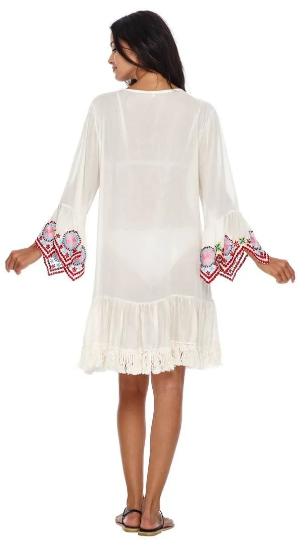 SHU-SHI Women's Bohemian Embroidered Tunic Dress - Bell Sleeve Swimsuit Cover-Up & Casual Short Shift Dress