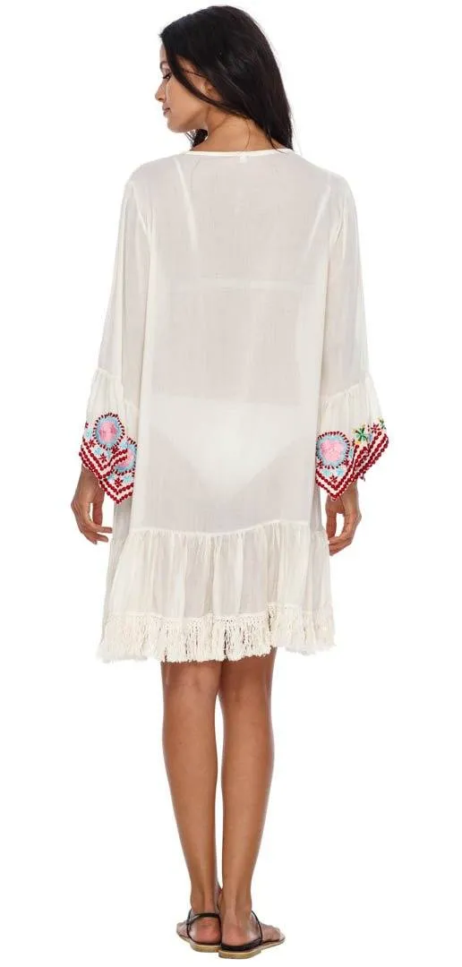 SHU-SHI Women's Bohemian Embroidered Tunic Dress - Bell Sleeve Swimsuit Cover-Up & Casual Short Shift Dress