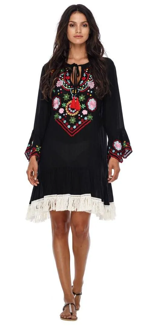 SHU-SHI Women's Bohemian Embroidered Tunic Dress - Bell Sleeve Swimsuit Cover-Up & Casual Short Shift Dress