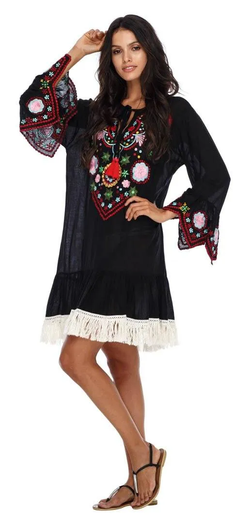 SHU-SHI Women's Bohemian Embroidered Tunic Dress - Bell Sleeve Swimsuit Cover-Up & Casual Short Shift Dress