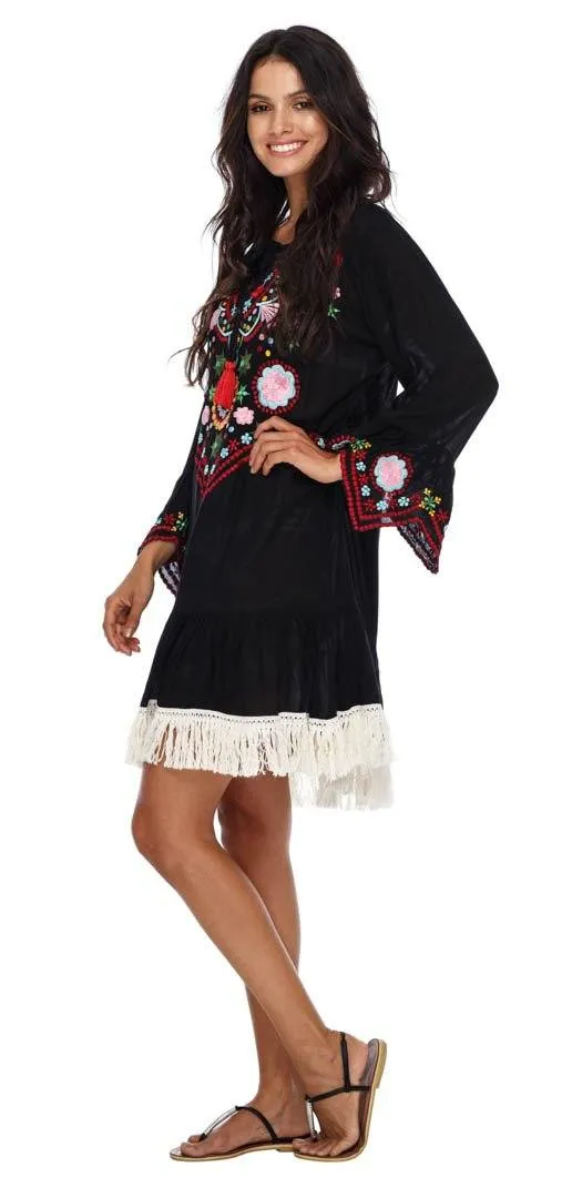 SHU-SHI Women's Bohemian Embroidered Tunic Dress - Bell Sleeve Swimsuit Cover-Up & Casual Short Shift Dress