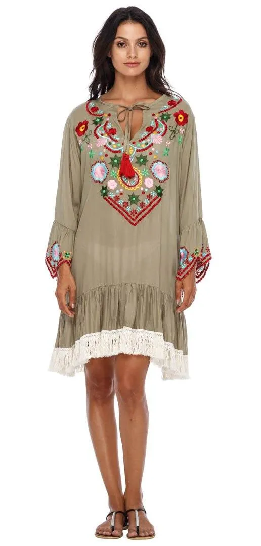 SHU-SHI Women's Bohemian Embroidered Tunic Dress - Bell Sleeve Swimsuit Cover-Up & Casual Short Shift Dress