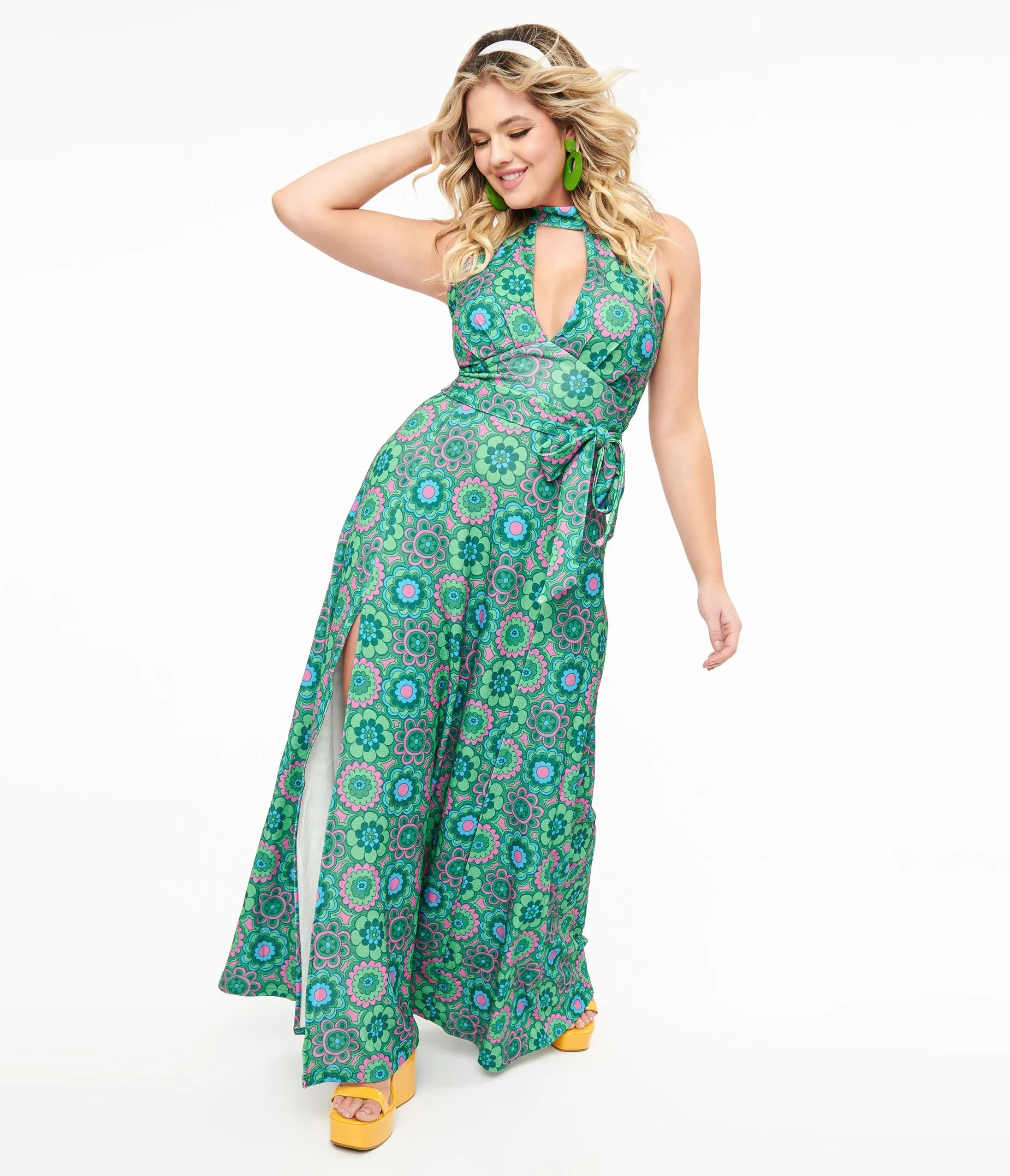 Smak Parlour 1960s Emerald Floral Halter Maxi Dress