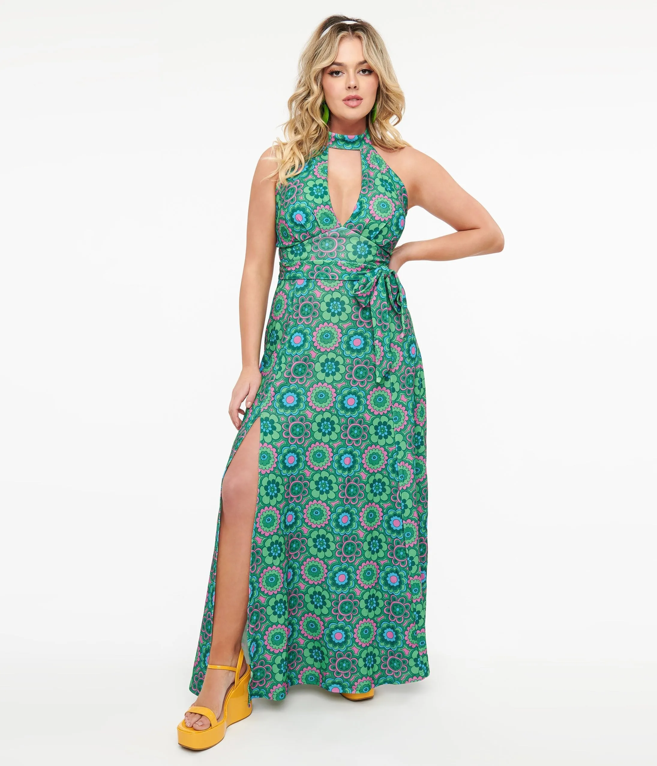 Smak Parlour 1960s Emerald Floral Halter Maxi Dress