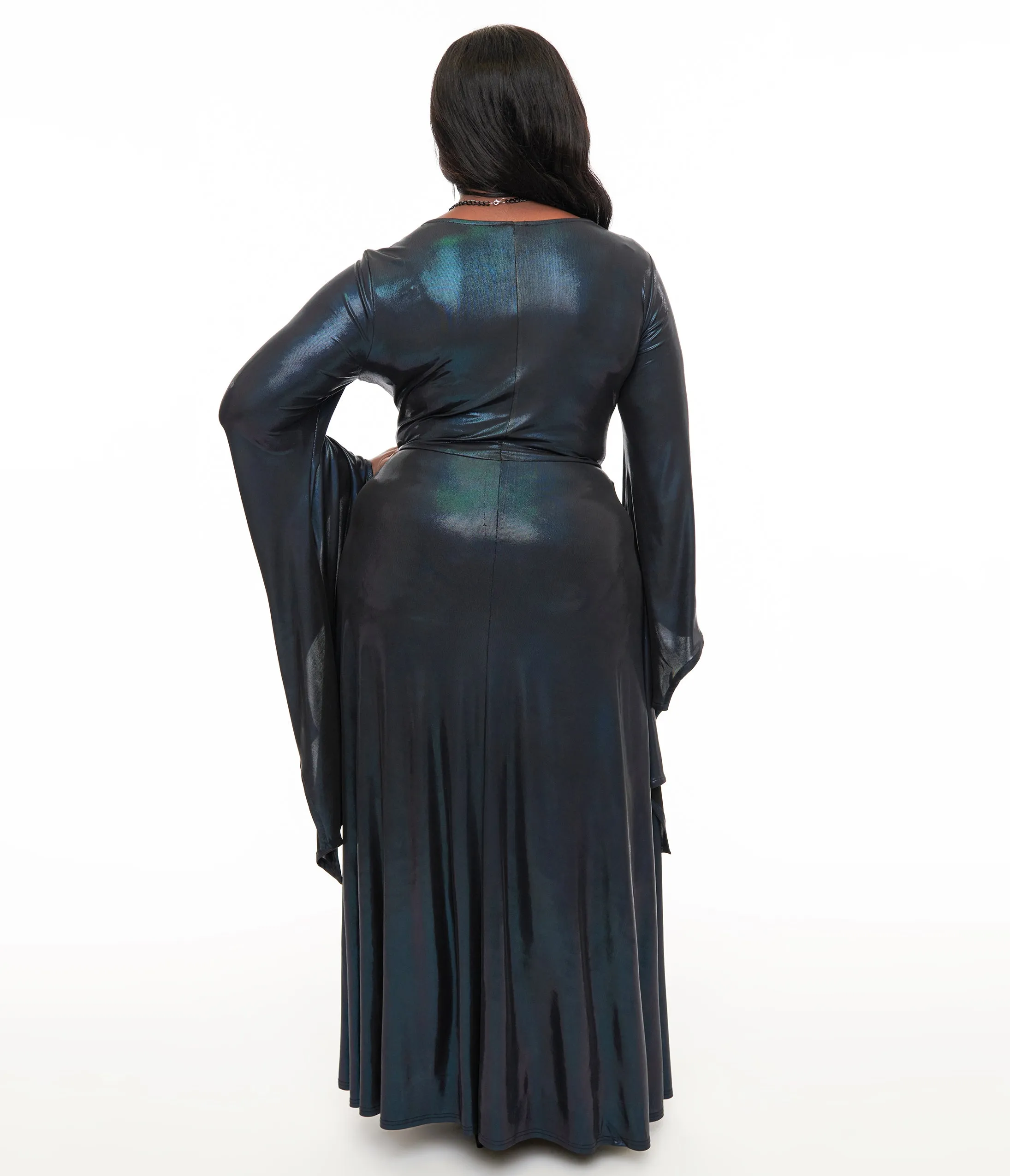 Smak Parlour Plus Size Y2K Iridescent Dark Blue Bat Wing Sleeve Maxi Dress