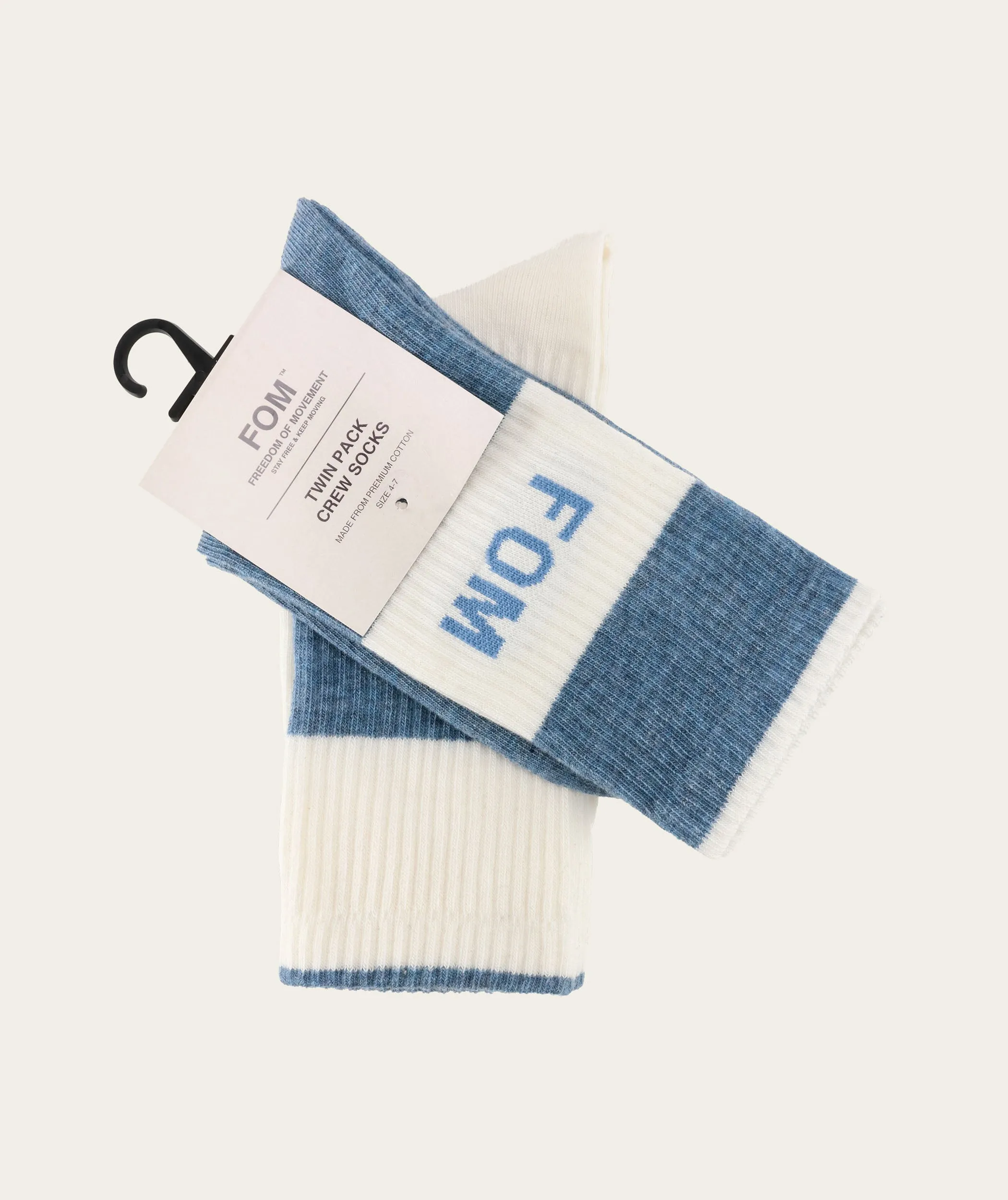 Socks Crew Twin Pack - Cream & Sky Blue Stripe (Size 4-7)