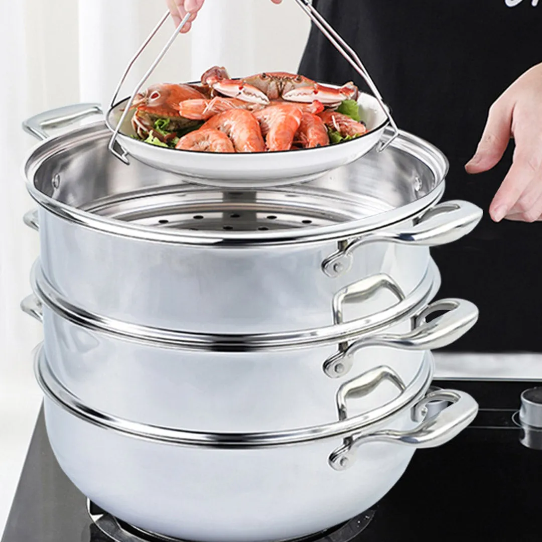 SOGA 3 Tier 28cm Heavy Duty Stainless Steel Food Steamer Vegetable Pot Stackable Pan Insert with Glass Lid