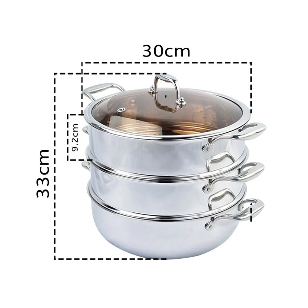 SOGA 3 Tier 30cm Heavy Duty Stainless Steel Food Steamer Vegetable Pot Stackable Pan Insert with Glass Lid