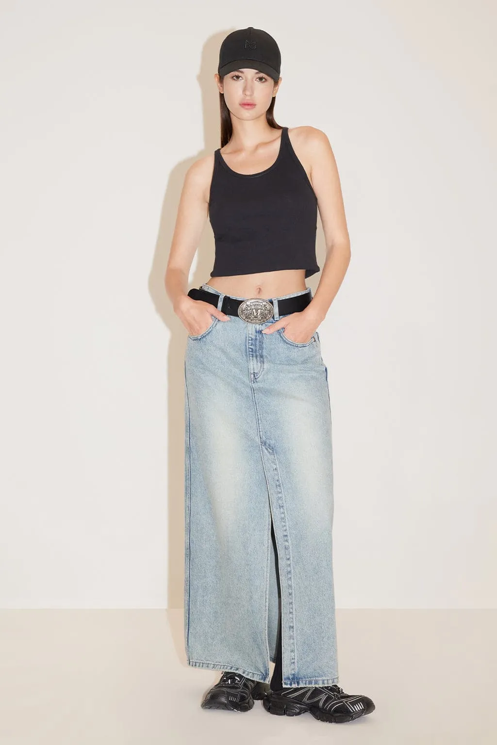 Split-Hem Denim Maxi Skirt