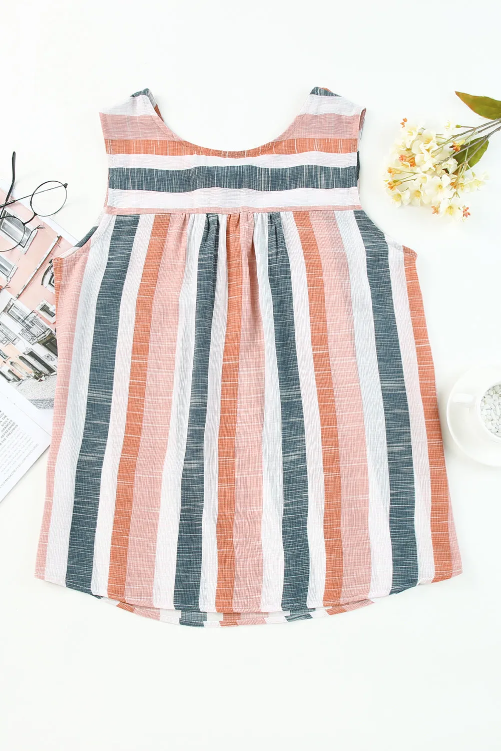 Striped Print Split V Neck Sleeveless Shirt – Bold, Breezy, and Ready to Shine 🌟👚