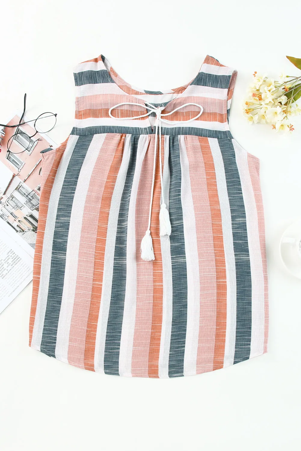 Striped Print Split V Neck Sleeveless Shirt – Bold, Breezy, and Ready to Shine 🌟👚