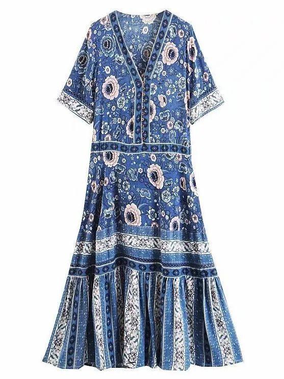 Summer Retro Print Short Sleeve Maxi Dress