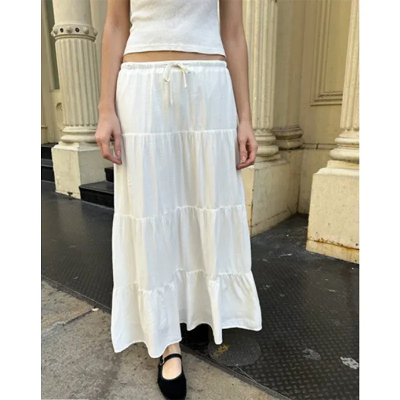 Sweet White Folds Maxi Skirt Woman A-line Drawstring High Waist Long Skirts Summer School Style Y2k Retro Classic Cotton Faldas