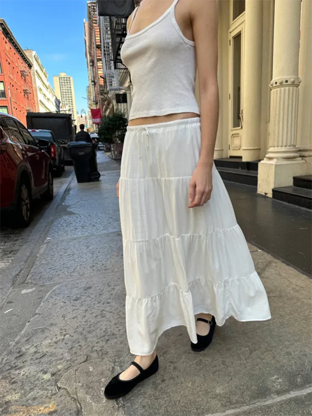 Sweet White Folds Maxi Skirt Woman A-line Drawstring High Waist Long Skirts Summer School Style Y2k Retro Classic Cotton Faldas