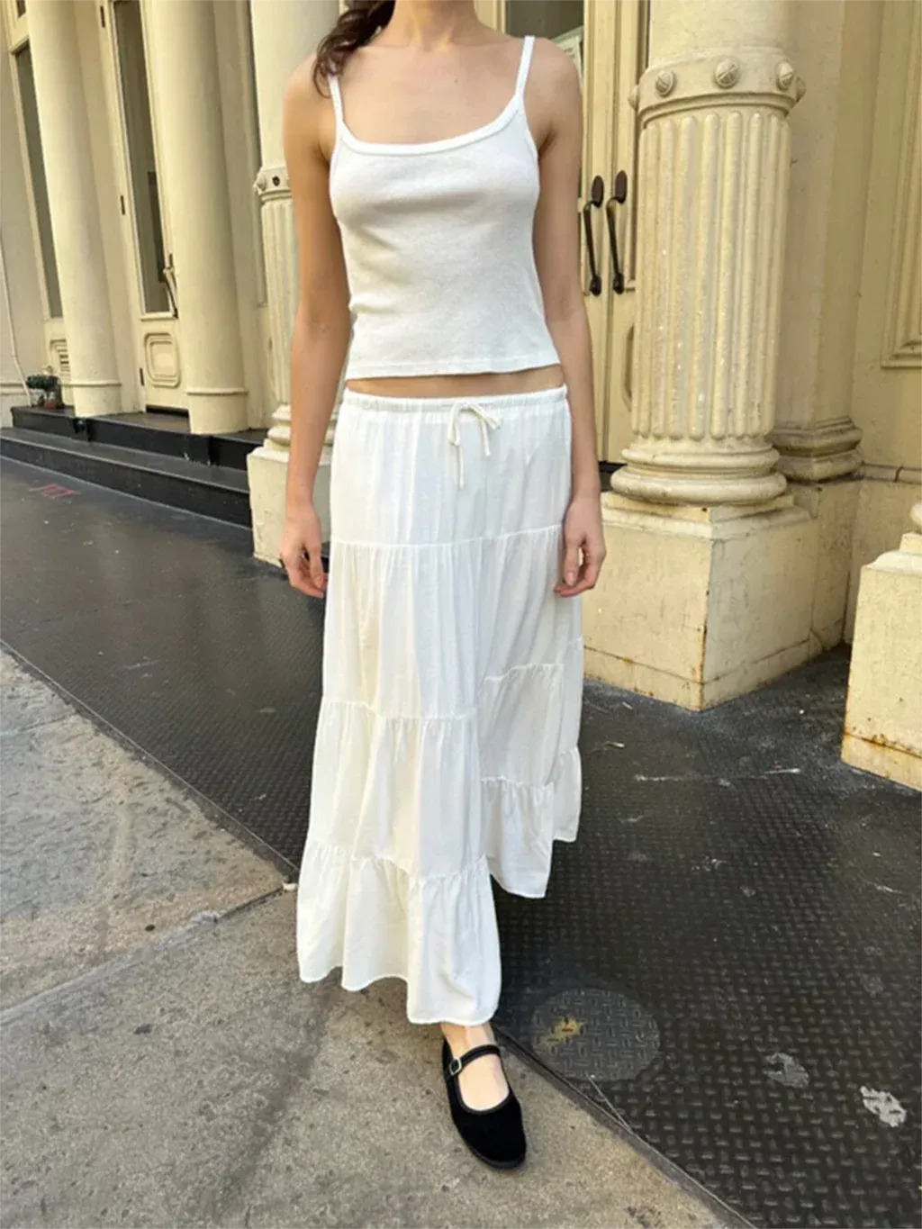 Sweet White Folds Maxi Skirt Woman A-line Drawstring High Waist Long Skirts Summer School Style Y2k Retro Classic Cotton Faldas