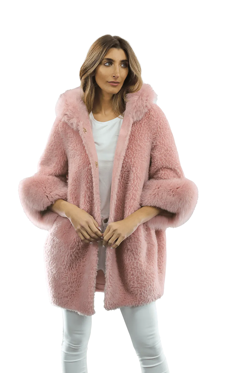 Teddy Coat with Fox Trim Hood/Cuffs - Pink