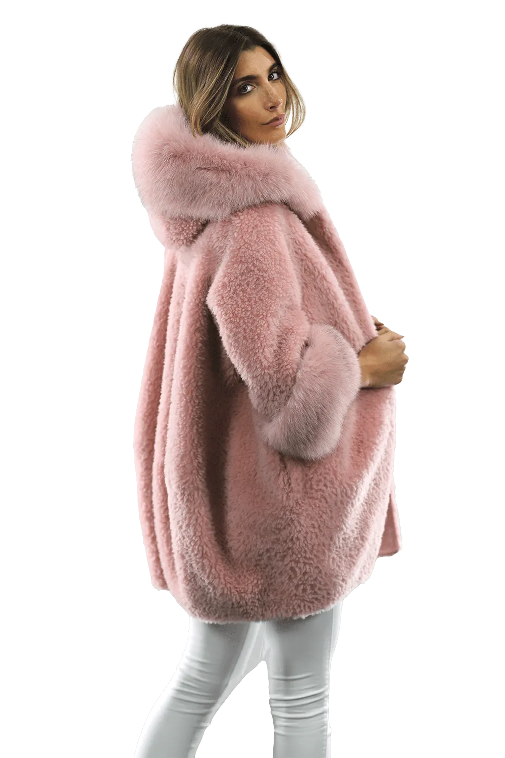 Teddy Coat with Fox Trim Hood/Cuffs - Pink