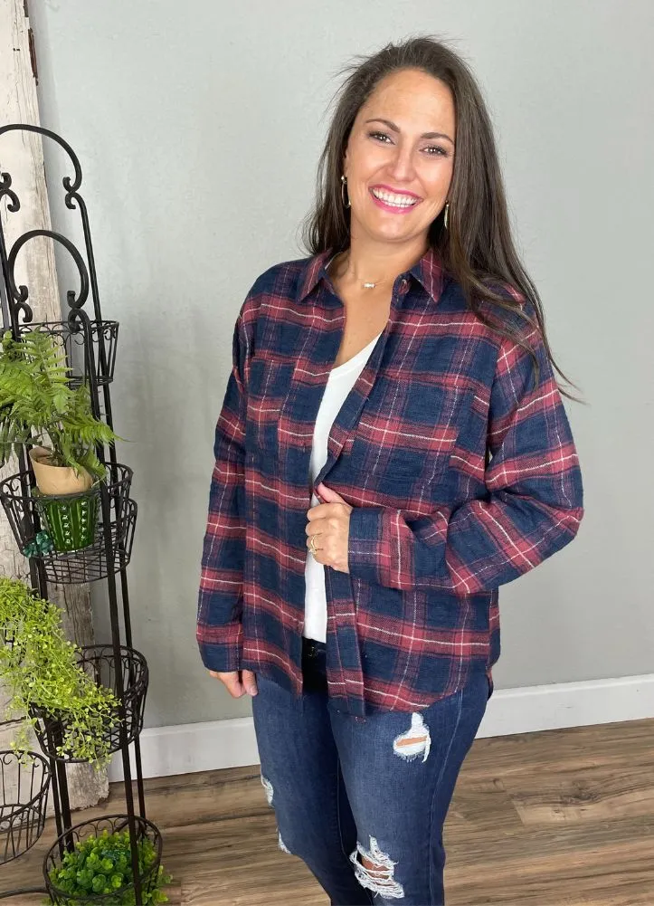 Textured Plaid Button Down Top in Burgundy/Blue by Kori America