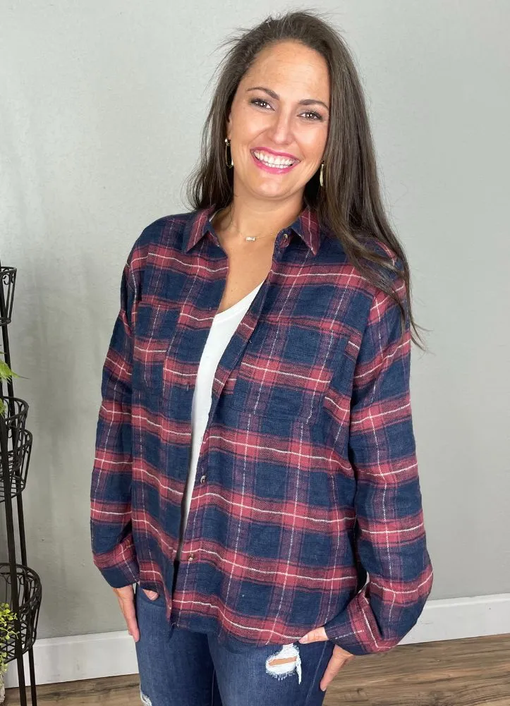 Textured Plaid Button Down Top in Burgundy/Blue by Kori America