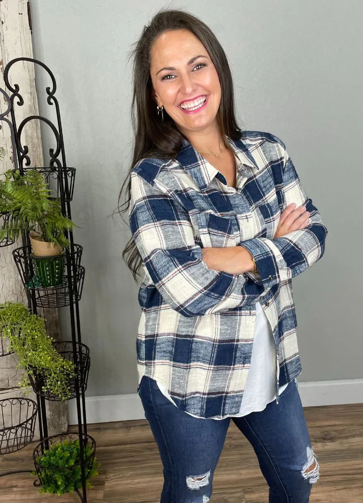 Textured Plaid Button Down Top in White/Navy by Kori America