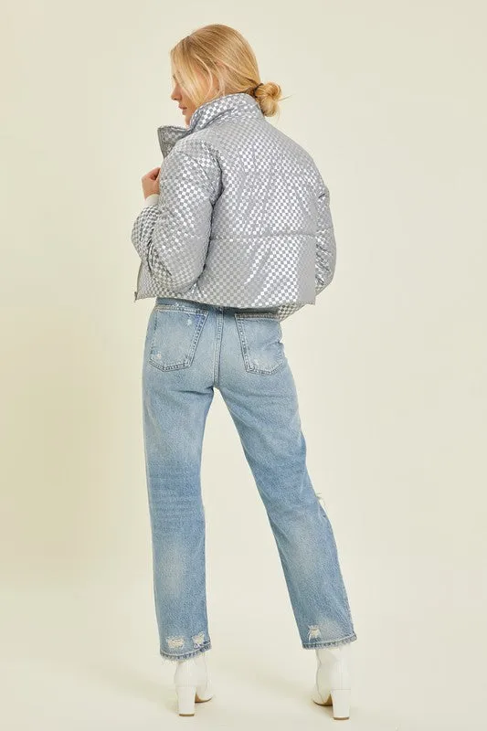 The Teddy Puff Jacket in Checkered Silver Grey