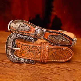 TOPACC Western Super Concho Silver Longhorn Cow Bull Brown Country Belts Genuine Leather