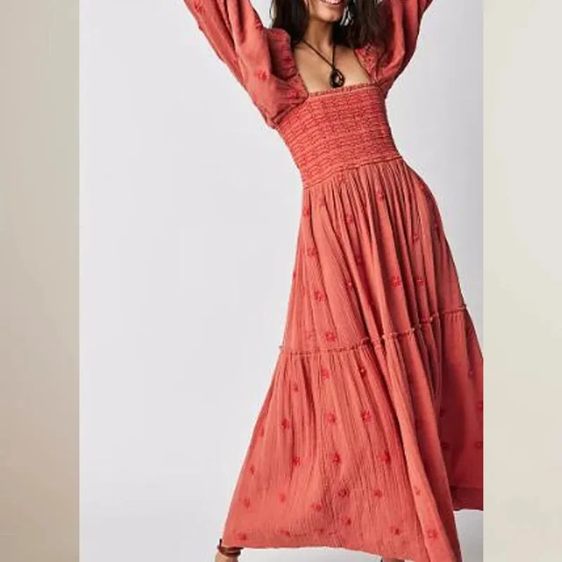 Uniwim聽Beach Style Holiday Ruffle Swing A Line Maxi Dress Bohemian Floral Dress Women Lady Square Neck Long Sleeve Club Party Dress