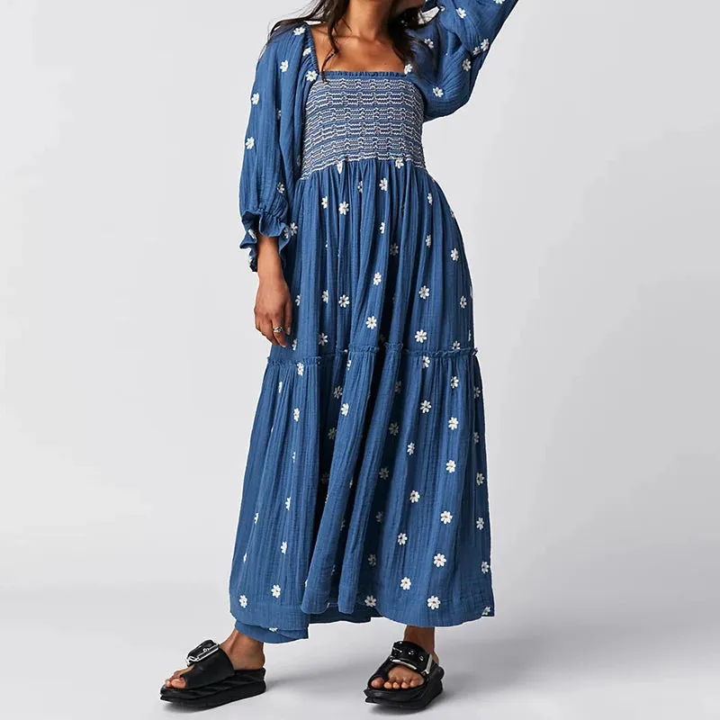 Uniwim聽Beach Style Holiday Ruffle Swing A Line Maxi Dress Bohemian Floral Dress Women Lady Square Neck Long Sleeve Club Party Dress