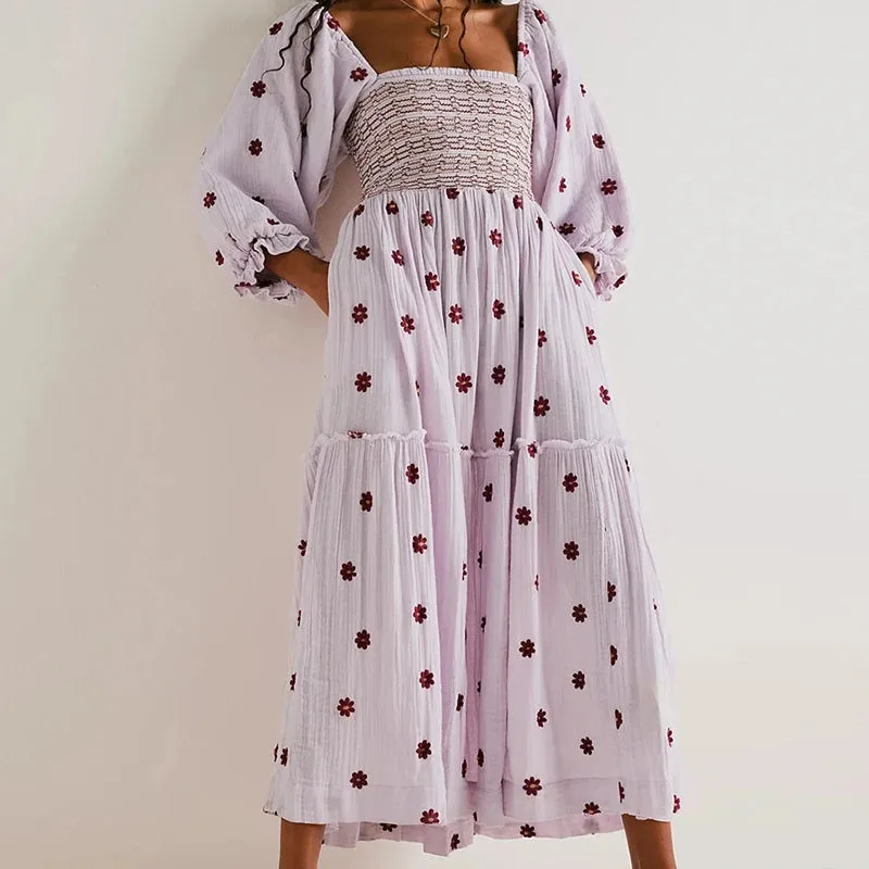 Uniwim聽Beach Style Holiday Ruffle Swing A Line Maxi Dress Bohemian Floral Dress Women Lady Square Neck Long Sleeve Club Party Dress