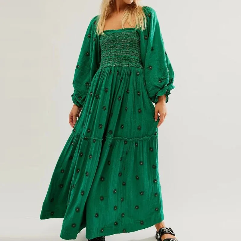 Uniwim聽Beach Style Holiday Ruffle Swing A Line Maxi Dress Bohemian Floral Dress Women Lady Square Neck Long Sleeve Club Party Dress