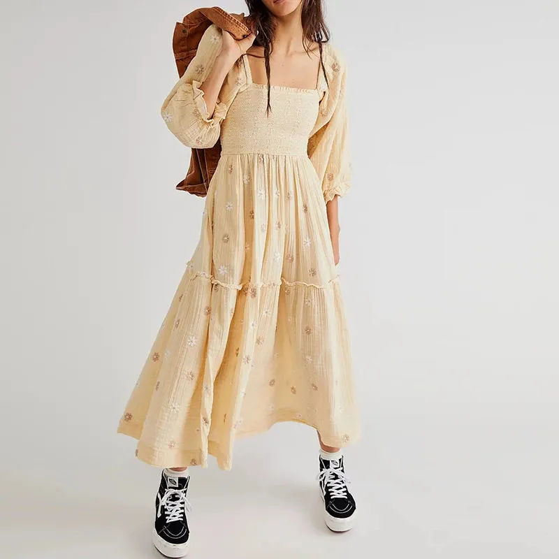 Uniwim聽Beach Style Holiday Ruffle Swing A Line Maxi Dress Bohemian Floral Dress Women Lady Square Neck Long Sleeve Club Party Dress