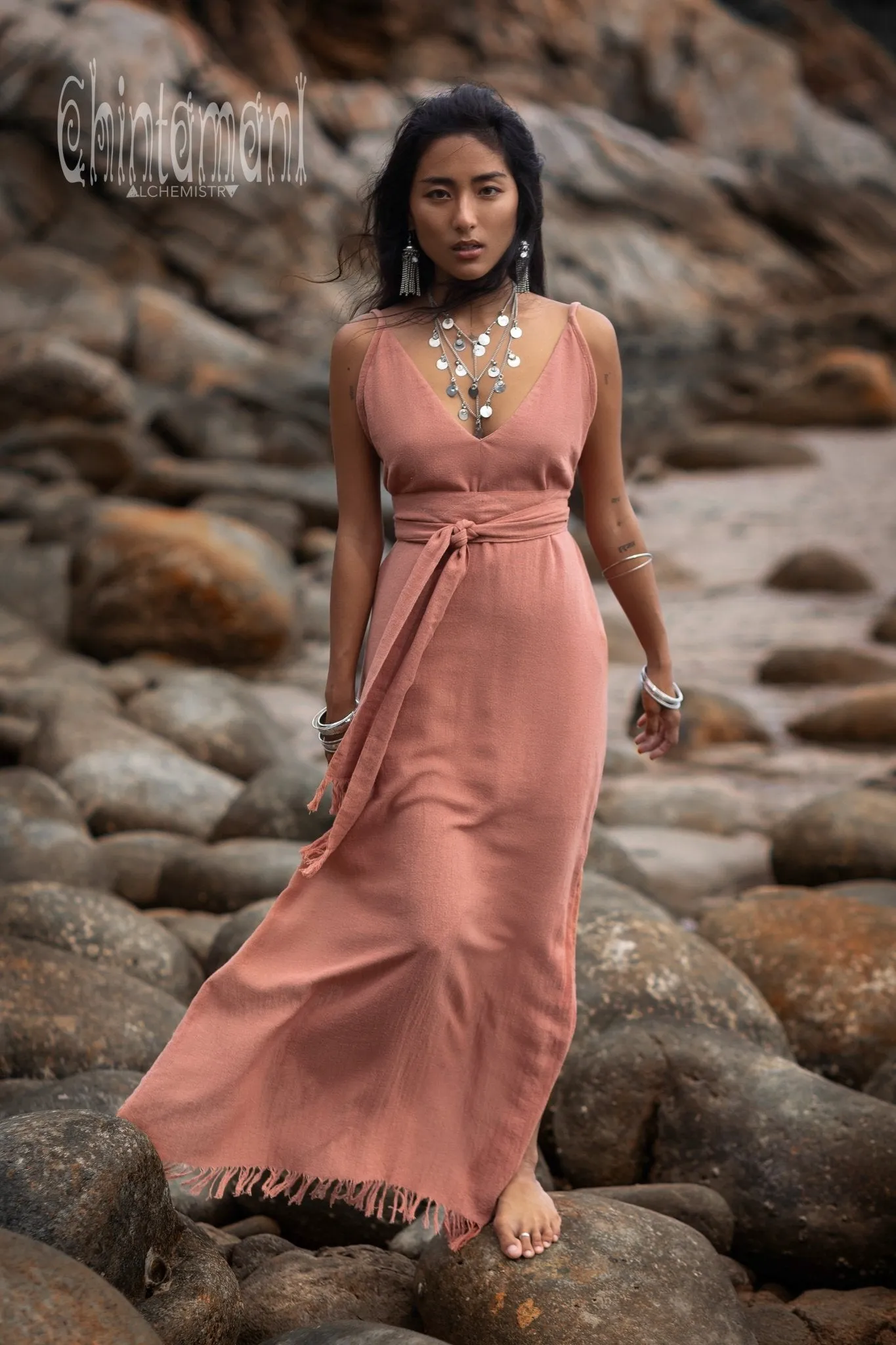 V-neck Maxi Dress / Coral Rose