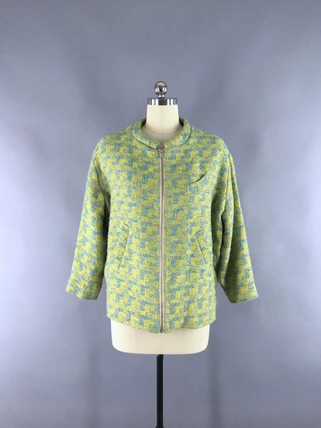 Vintage Tweed Jacket / Aqua and Lime Green