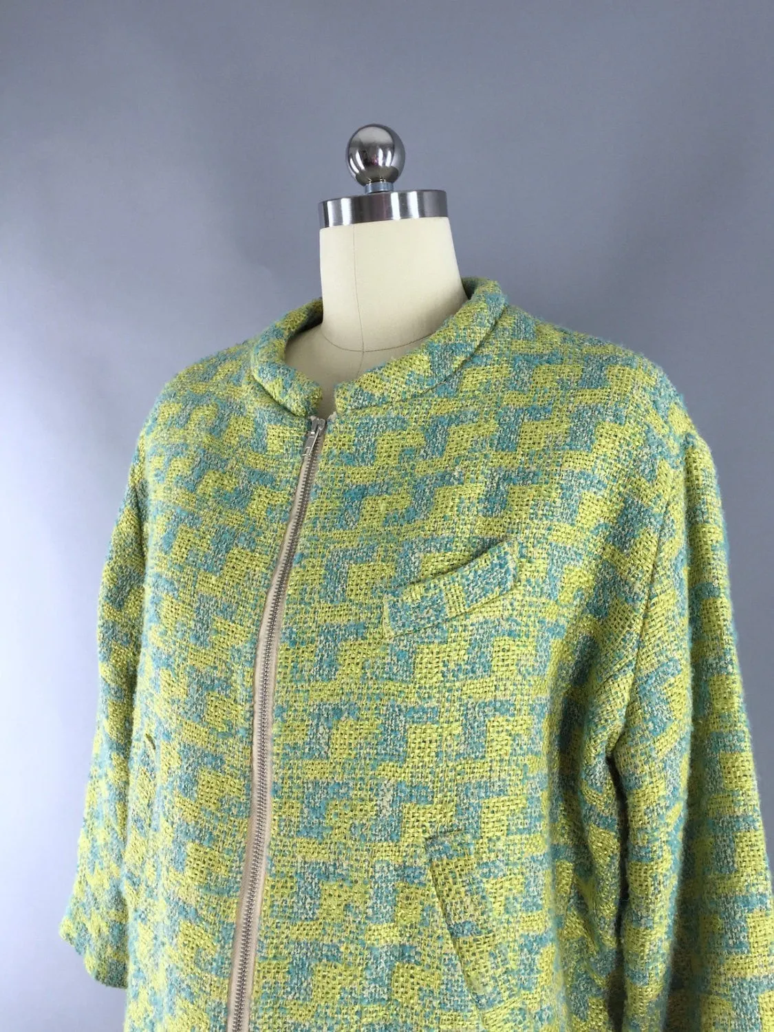 Vintage Tweed Jacket / Aqua and Lime Green