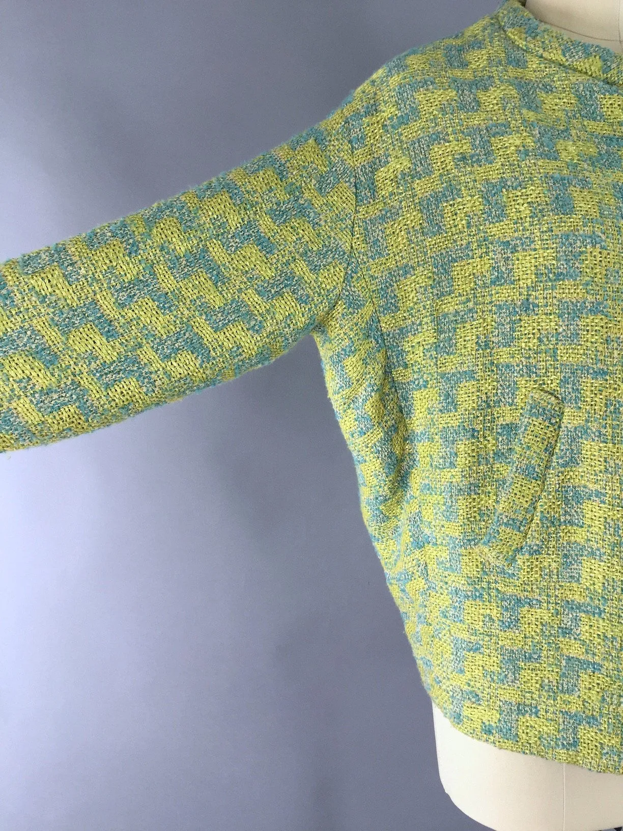 Vintage Tweed Jacket / Aqua and Lime Green