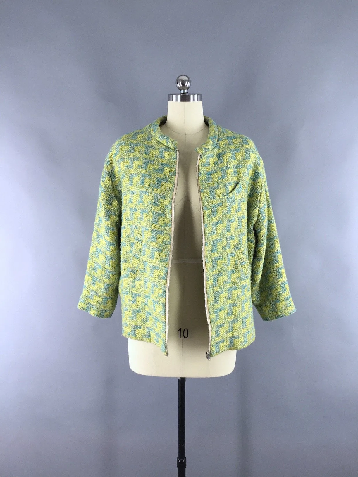 Vintage Tweed Jacket / Aqua and Lime Green