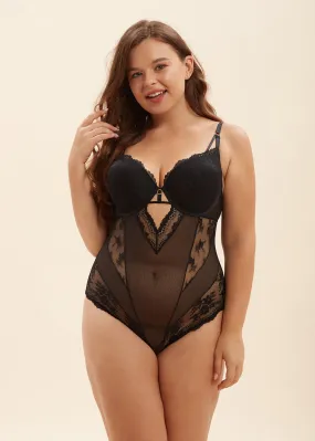 WENDIE Plus Sexy Push-Up Black Mesh Recycled Lace Bodysuit