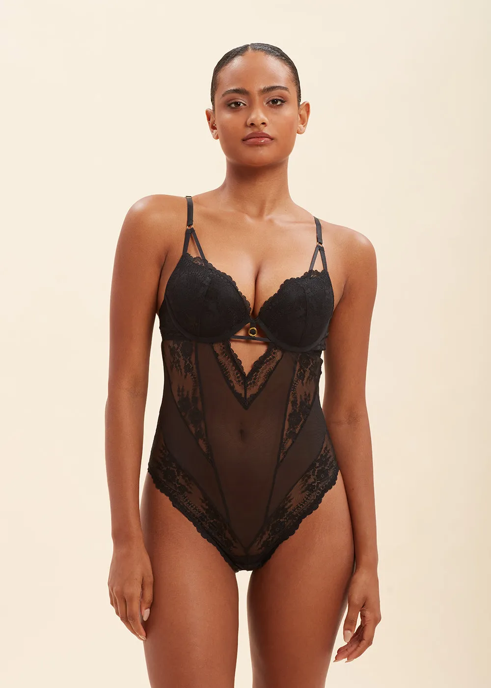 WENDIE Sexy Push-Up Black Mesh Recycled Lace Bodysuit