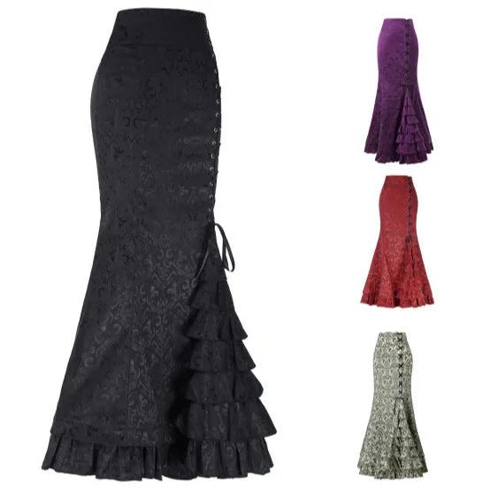 Wenkouban Halloween Jacquard Fishtail Skirt Steampunk Retro Skirt Gothic Skirt Victoria Maxi Skirt